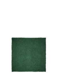Ciemnozielony koc z mieszanki wełny z frędzlami i teksturowanym wykończeniem. Posiada subtelne logo w dolnym prawym rogu.