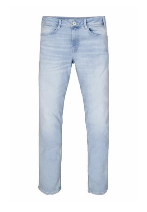 Jeans de denim azul claro con corte recto, cinco bolsillos, cierre de botón y un ligero desgaste para un aspecto usado.