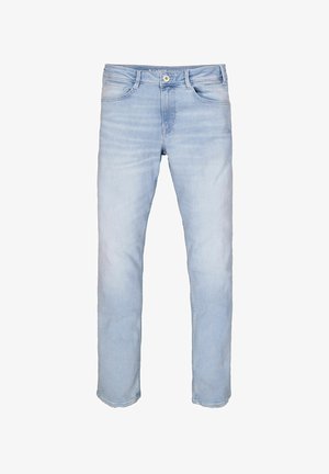 Lichtblauwe denim jeans met een rechte snit, vijf zakken, knoopsluiting en subtiele vervaging voor een versleten uiterlijk.