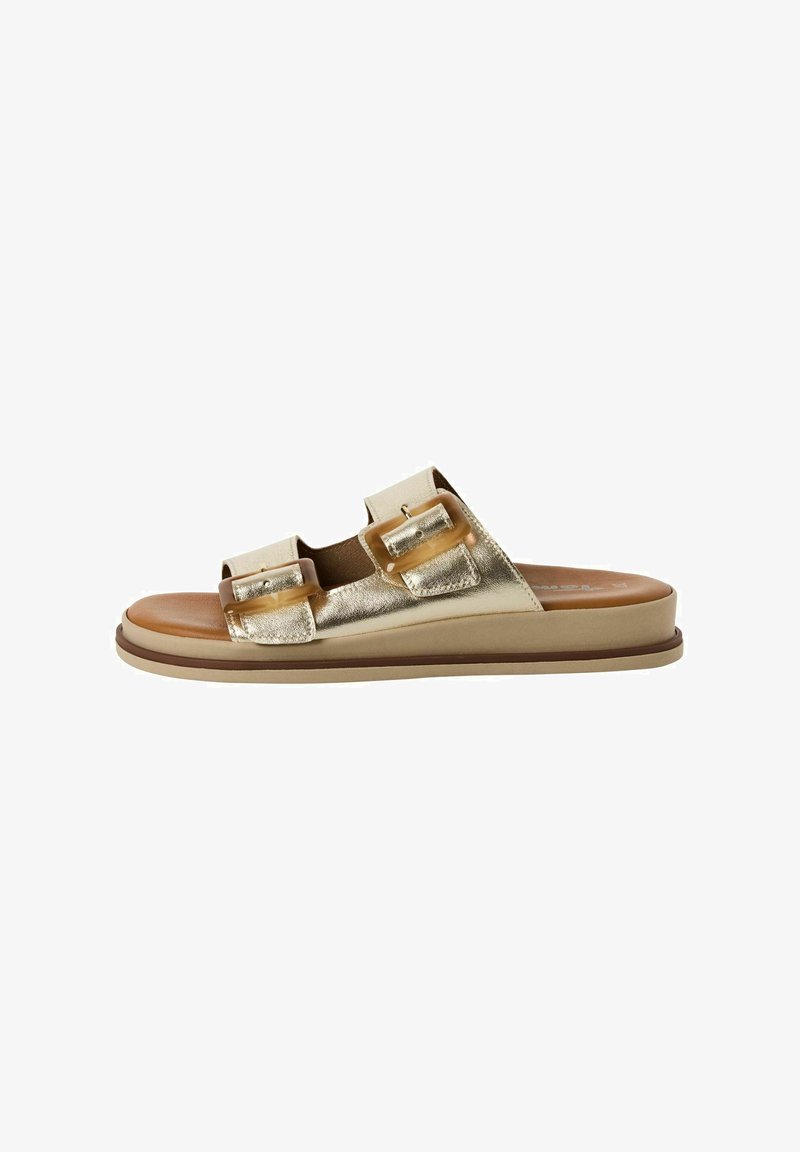 Gold metallic slide sandal with two adjustable straps and square buckles. Features a tan footbed and a lightweight, beige sole.