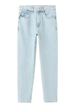 Jeans a gamba dritta a vita alta azzurri chiaro con cerniera frontale, chiusura con bottone e design a cinque tasche su sfondo bianco.