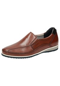 Braune Leder-Slipper mit dekorativem Stich, glatter Oberfläche und weißer Gummisohle. Das Innere ist mit einem gestreiften Stoff ausgekleidet.