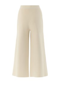 Weite cremefarbene Hosen mit weicher Textur, hoher Taille und ohne sichtbare Verschlüsse. Der Stoff hat ein glattes, fließendes Erscheinungsbild.