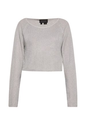 Maglione corto grigio chiaro realizzato in tessuto a maglia testurizzata, con maniche lunghe e scollatura arrotondata. Etichetta del logo visibile al colletto.