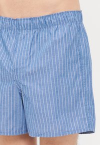 Costumi da bagno a strisce blu con vita elasticizzata, realizzati in cotone, con strisce bianche verticali e orlo dritto, adatti per la spiaggia.
