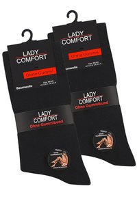 Calze in cotone nere con una texture liscia, dotate di marchio "Lady Comfort" e etichette che indicano la taglia 39/42, senza fasce elastiche.