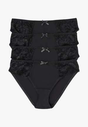 Ensemble de quatre culottes noires avec des accents en dentelle florale, une taille douce et des nœuds en satin à l'avant. Fabrication en tissu doux.