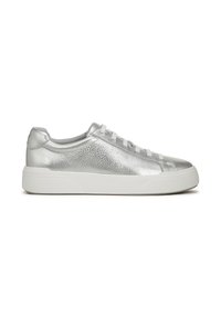 Silver leather sneaker with textured upper, white rubber sole, flat laces, and minimalistic design. No visible patterns or hardware details.