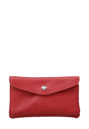 Red leather wallet with a textured finish, envelope-style flap, and snap closure. The front features embossed detailing.