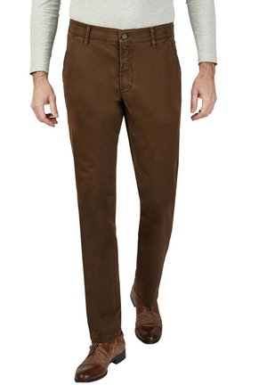 Brown chinos with a straight leg design, made of soft cotton blend fabric. Features front pockets and a button closure. Rich, textured surface.