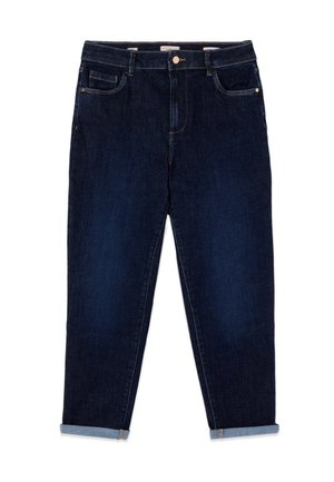 Donkerblauwe recht gesneden spijkerbroek met omgeslagen pijpen, vooraan knoop- en ritssluiting en een ontwerp met vijf zakken.