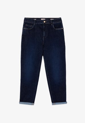 Donkerblauwe recht gesneden spijkerbroek met omgeslagen pijpen, vooraan knoop- en ritssluiting en een ontwerp met vijf zakken.