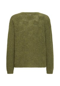 Pull en tricot vert olive à manches longues avec un motif texturé subtil, vu de dos sur fond blanc.