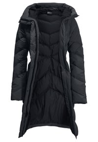 Black puffer coat featuring a long design, quilted texture, full zip closure, and two side pockets. Soft fabric with a spacious hood.