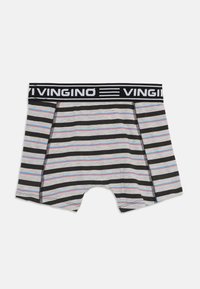 Gestreifte Boxershorts mit einer grauen Basis, schwarzen und blauen Linien, einem elastischen Bund mit "VINGINO"-Branding und einer normalen Passform.