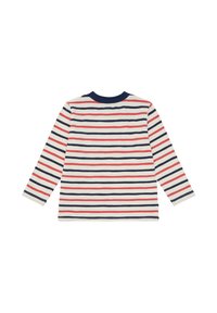 Langärmliges Shirt mit Rundhalsausschnitt, ausgestattet mit horizontalen Streifen in Marineblau, Rot und Weiß. Weicher Baumwollstoff mit lockerer Passform.