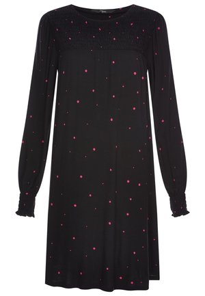 Czarna sukienka z długim rękawem, z marszczonym dekoltem i mankietami, ozdobiona drobnymi różowymi kropkami rozrzuconymi po całej tkaninie.
