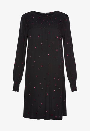 Robe noire à manches longues avec encolure et poignets froncés, ornée de petits pois roses dispersés sur tout le tissu.