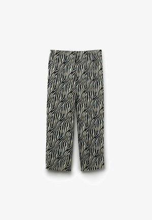 Pantalon droit avec motif zébré noir, blanc et bleu et ceinture élastique, présenté sur fond blanc.