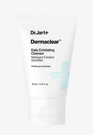 Witte tube van Dr.Jart+ Dermaclear Daily Exfoliating Cleanser met een inhoud van 30 ml en een blauw kruisontwerp op de voorkant.