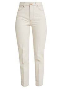 Jeans de mezclilla beige de tiro alto con pierna recta, con costuras sutiles y cierre estándar con botón. No se ven bolsillos.