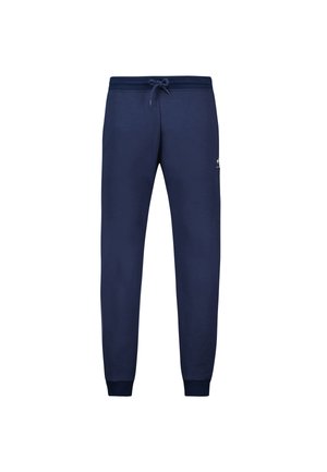 Navy blue sweatpants made of soft fabric, featuring an adjustable drawstring waistband and ribbed cuffs. Includes a small logo detail.