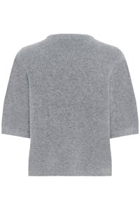 Maglione grigio in maglia, maniche corte, scollo ampio, texture morbida, vestibilità ampia, design minimalista senza elementi hardware o decorazioni visibili.