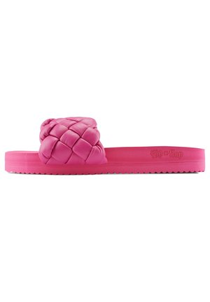 Pink slide sandal with a braided upper design, flat sole, and textured rubber outsole. Features a wide strap for comfort.