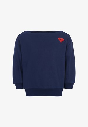 Donkerblauwe sweatshirt met lange mouwen en een klein rood hartvormig ontwerp met het woord "Love" bij de halslijn.