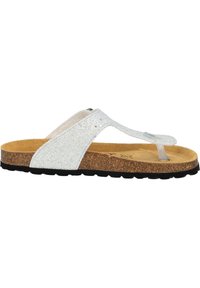 Infradito glitter argento con soletta in sughero, caratterizzato da una suola in gomma nera e una fresia trasparente.