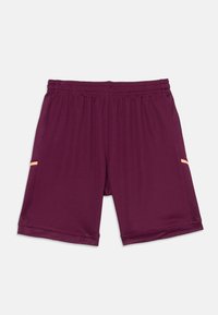 Bordeaux atletiske shorts med elastisk midje, mesh sidepaneler og små oransje detaljer. Glatt tekstur og kne-lengde snitt.