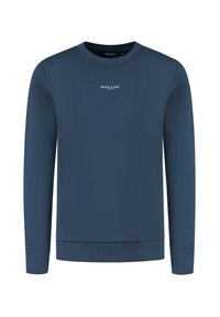 Marineblauwe trui met ronde hals en geribde mouwen en onderrand, met een klein wit "BALLIN'" logo in het midden van de borst.