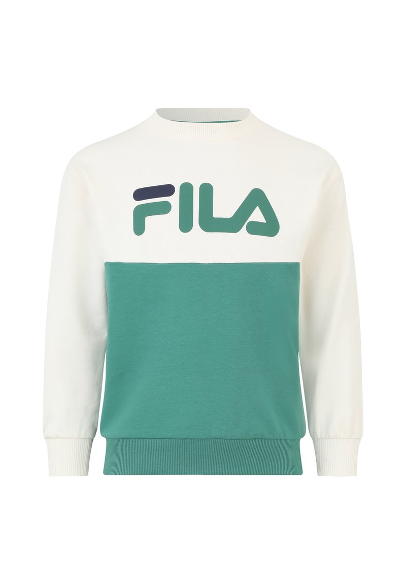Felpa leggera in crema e teal, con un audace logo FILA verde stampato sul petto, maniche e orlo a coste, texture liscia.