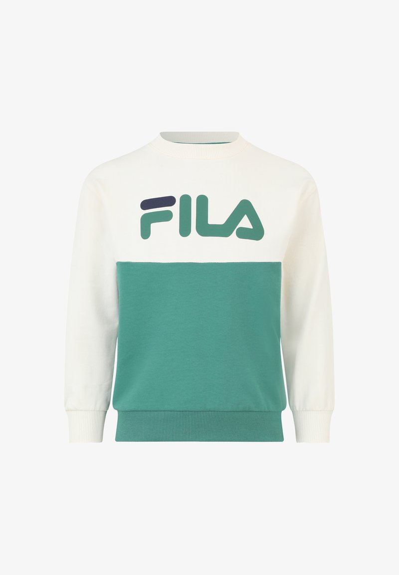 Sudadera ligera en crema y teal, con un atrevido logo verde de FILA en el pecho, puños y dobladillo acanalados, textura suave.