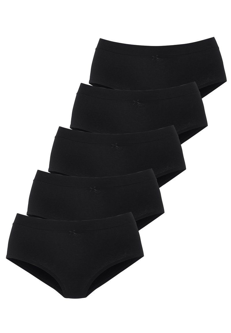 Pack of five black cotton hipster briefs featuring a smooth design, soft texture, and a small decorative bow detail at the waistband.