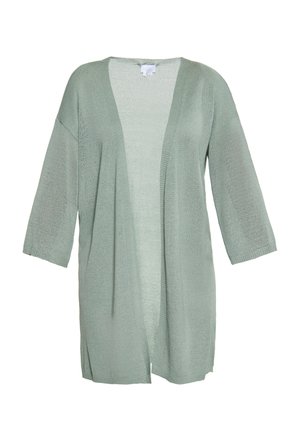 Heledad rohelise värvi kudum, millel on kerge lõige, avatud esiosa, ¾-sleevide ja külgmiste lõhedega. Pehme tekstuur koos peene kootud mustriga.