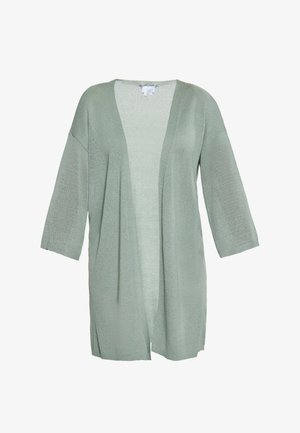 Vaaleanvihreä neulecardigan, jossa on löysä istuvuus, avonainen etuosa, ¾-hihat ja sivureiät. Pehmeä rakenne, jossa on hieno kudottu kuvio.