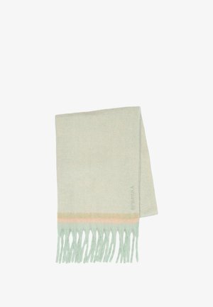 Light green blanket with a soft texture, features fringed edges and a horizontal band of pale pink and beige near the bottom.
