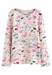 Cămașă cu mânecă lungă din material texturat, fundal roz deschis cu un model floral colorat, având forme variate de flori și frunze verzi.