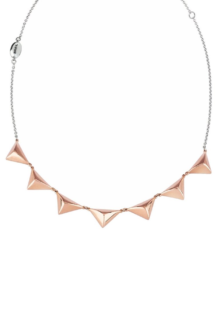 Halsband i roséguld med en serie av polygonala metallaccenter, länkade med en silverkedja. Designen är geometrisk och polerad.