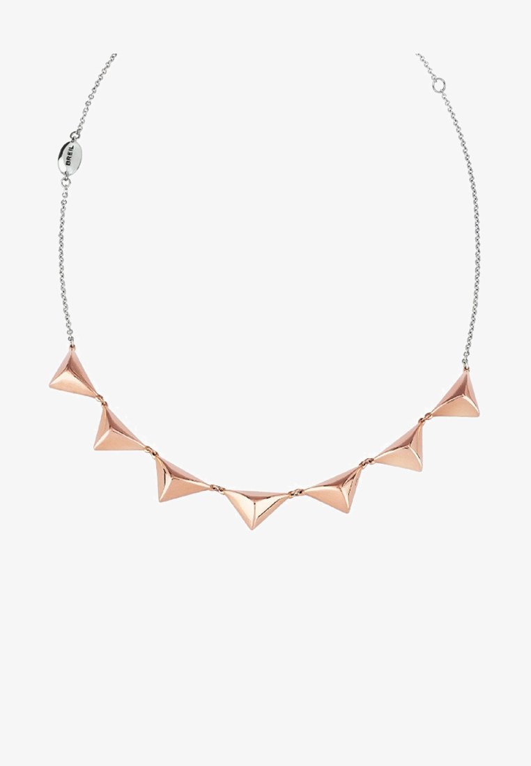 Halsband i roséguld med en serie av polygonala metallaccenter, länkade med en silverkedja. Designen är geometrisk och polerad.