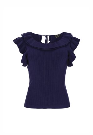 Mørkeblå ribbestrikket top med flæser på ærmerne og rund udskæring. Har en snørelukning bagpå og en glat tekstur over det hele.