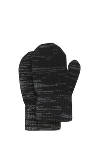 Gestrickte schwarze Handschuhe mit grauen Mustern, die eine traditionelle Form und einen gerippten Bund für Wärme aufweisen. Weiche Textur, geeignet für kaltes Wetter.