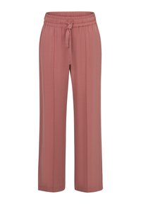Weite Hosen aus weichem, pinkfarbenem Stoff, mit einem elastischen Bund und einer gebundenen Kordel. Glatte Textur und keine sichtbaren Muster.
