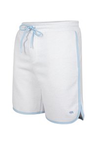 Bermudas de algodón gris claro con cordón y detalles en azul claro, aberturas laterales y un pequeño logo en el dobladillo inferior.