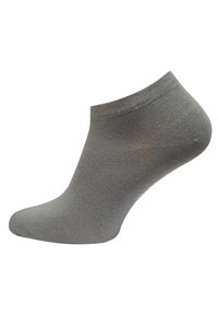 Gray ankle sock with a smooth texture and ribbed cuff. Features a fitted shape and subtle sheen. Ideal for casual or sporty wear.