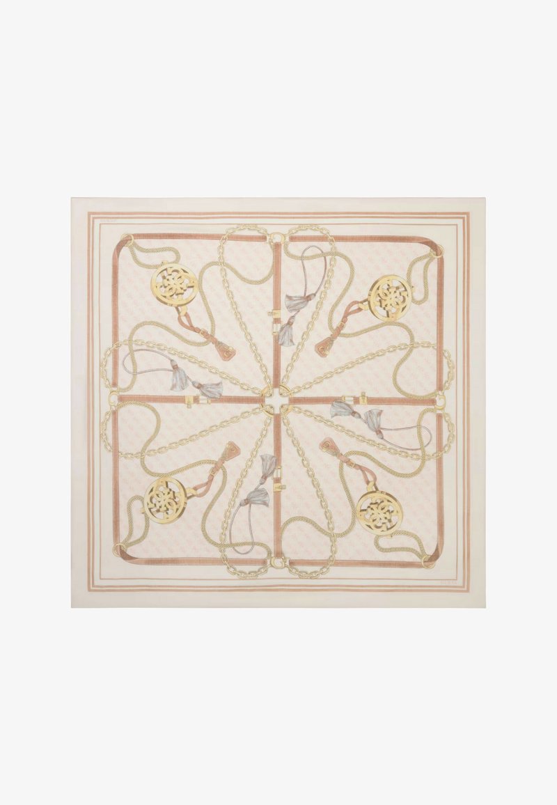 Foulard en soie avec un motif symétrique de chaînes dorées, de glands et de médaillons circulaires sur fond beige clair avec une bordure rayée.