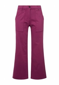 Violet levelelegants pants, valmistatud puuvillast, sisaldavad kahte esikotid, ühte nööbilukku ja vöörihmasid. Sile tekstuur ja vale lõige.