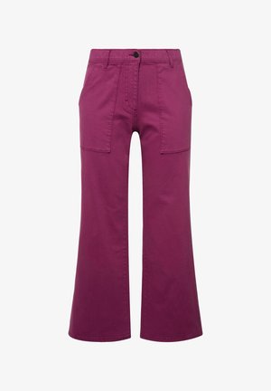 Violet levelelegants pants, valmistatud puuvillast, sisaldavad kahte esikotid, ühte nööbilukku ja vöörihmasid. Sile tekstuur ja vale lõige.