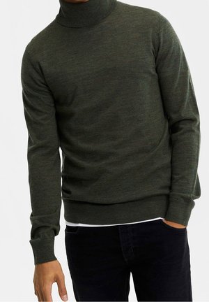Grüner Rollkragenpullover aus weichem Stoff, mit langen Ärmeln und einer figurbetonten Passform, mit gerippten Bündchen und Saum für zusätzliche Textur.